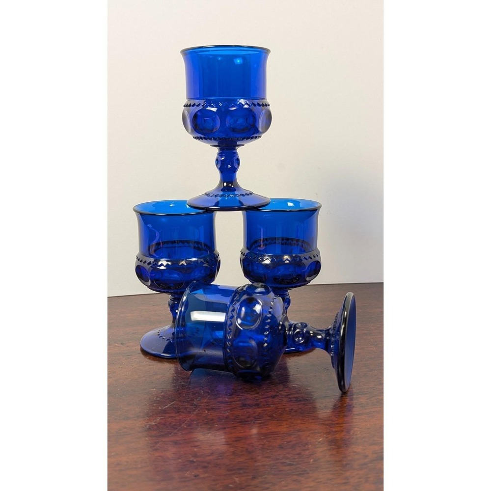 Vintage Cobalt Blue Goblets Set of 4 Paneled Stem Wine Water Glasses 4.5"